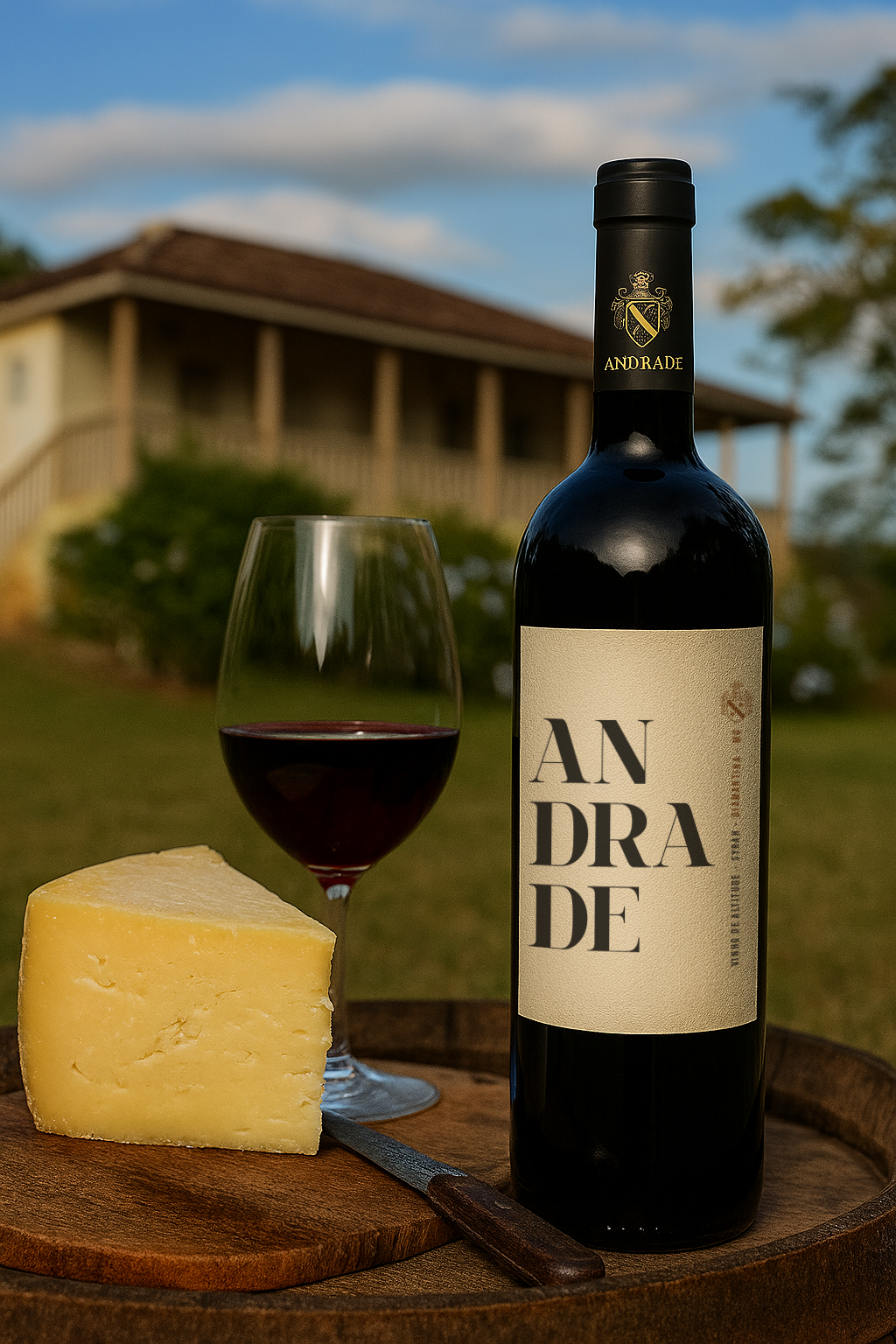 Garrafa do vinho Andrade — Vinho de Altitude Syrah — com queijo mineiro e o casarão da fazenda ao fundo